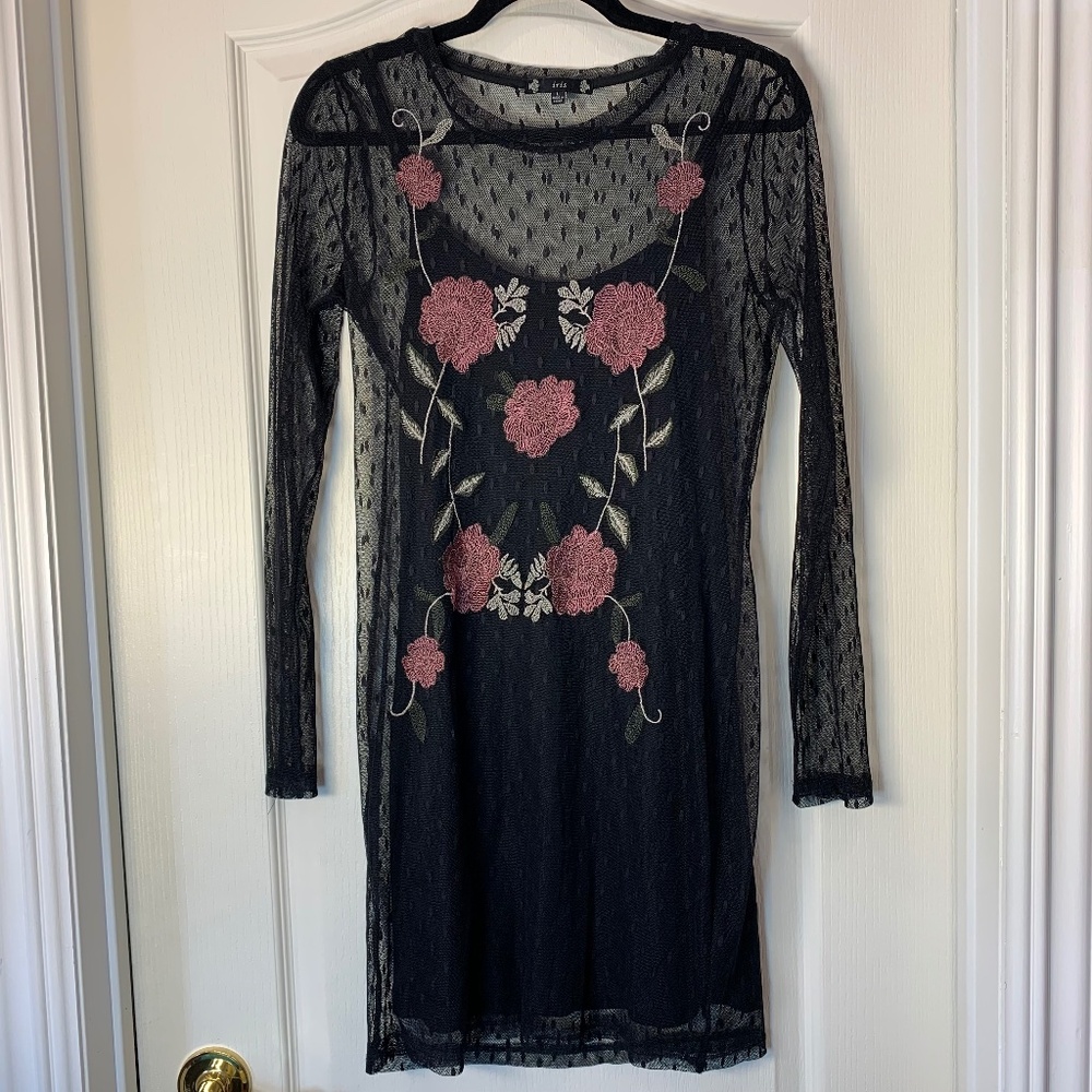 Iris Black Sheer Mesh Dress with Pink Floral Embroidery Romantic Gothic Size‎ L